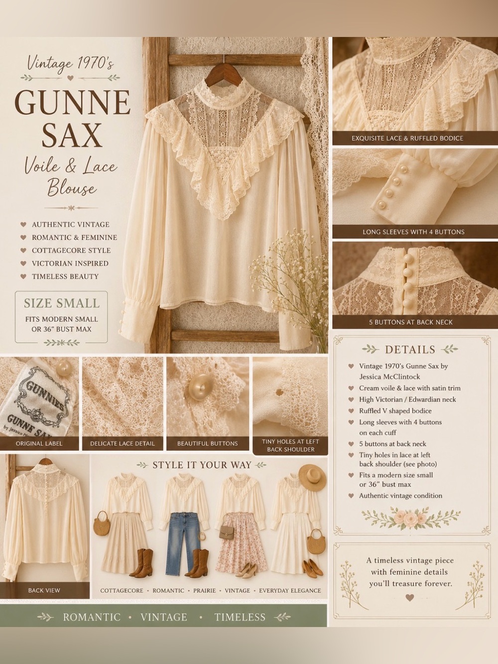 Vintage 1970’s Gunne Sax voile& lace blouse- high collar, ruffled bodice - small